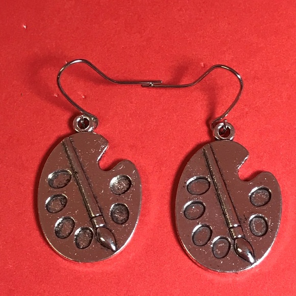 Artist with Paint Palette Paint Brush Silver Tone Earrings - Picture 2 of 3
